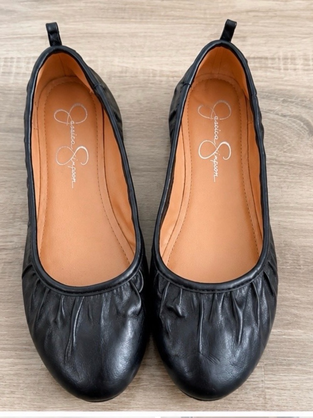 Jessica Simpson Black Ruched Leather-Look Slip-On Flats